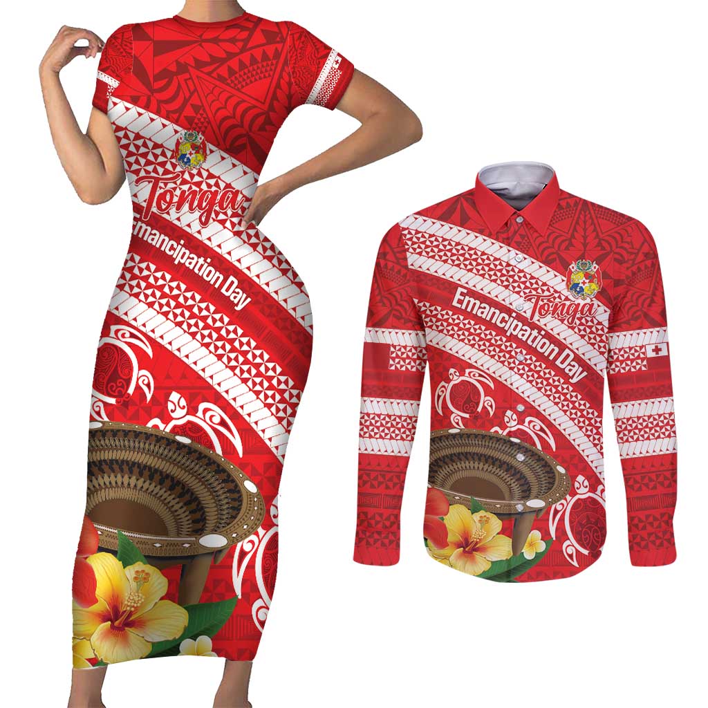 Kingdom Of Tonga Emancipation Day Couples Matching Short Sleeve Bodycon Dress and Long Sleeve Button Shirt Tongan Ngatu With Kumete Red LT14 Red - Polynesian Pride