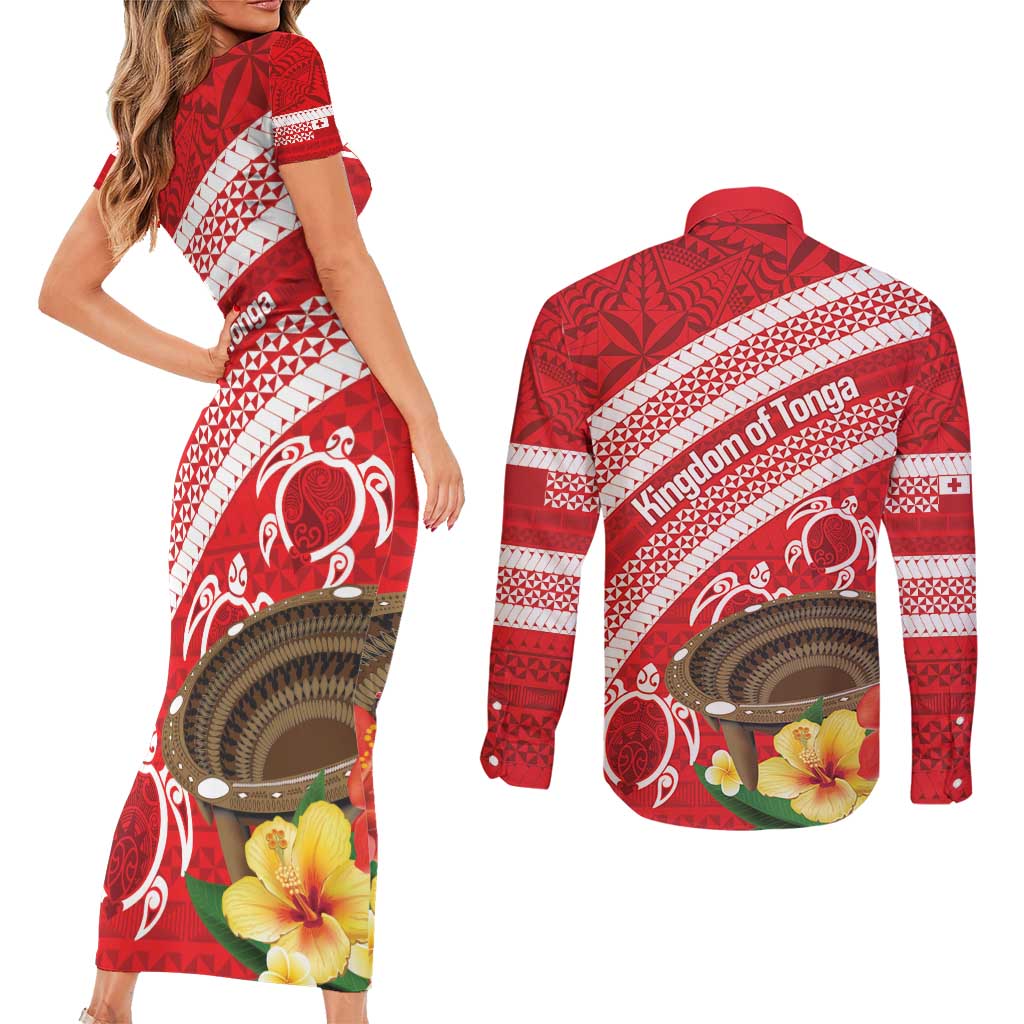 Kingdom Of Tonga Emancipation Day Couples Matching Short Sleeve Bodycon Dress and Long Sleeve Button Shirt Tongan Ngatu With Kumete Red LT14 - Polynesian Pride