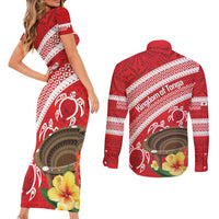 Kingdom Of Tonga Emancipation Day Couples Matching Short Sleeve Bodycon Dress and Long Sleeve Button Shirt Tongan Ngatu With Kumete Red LT14 - Polynesian Pride