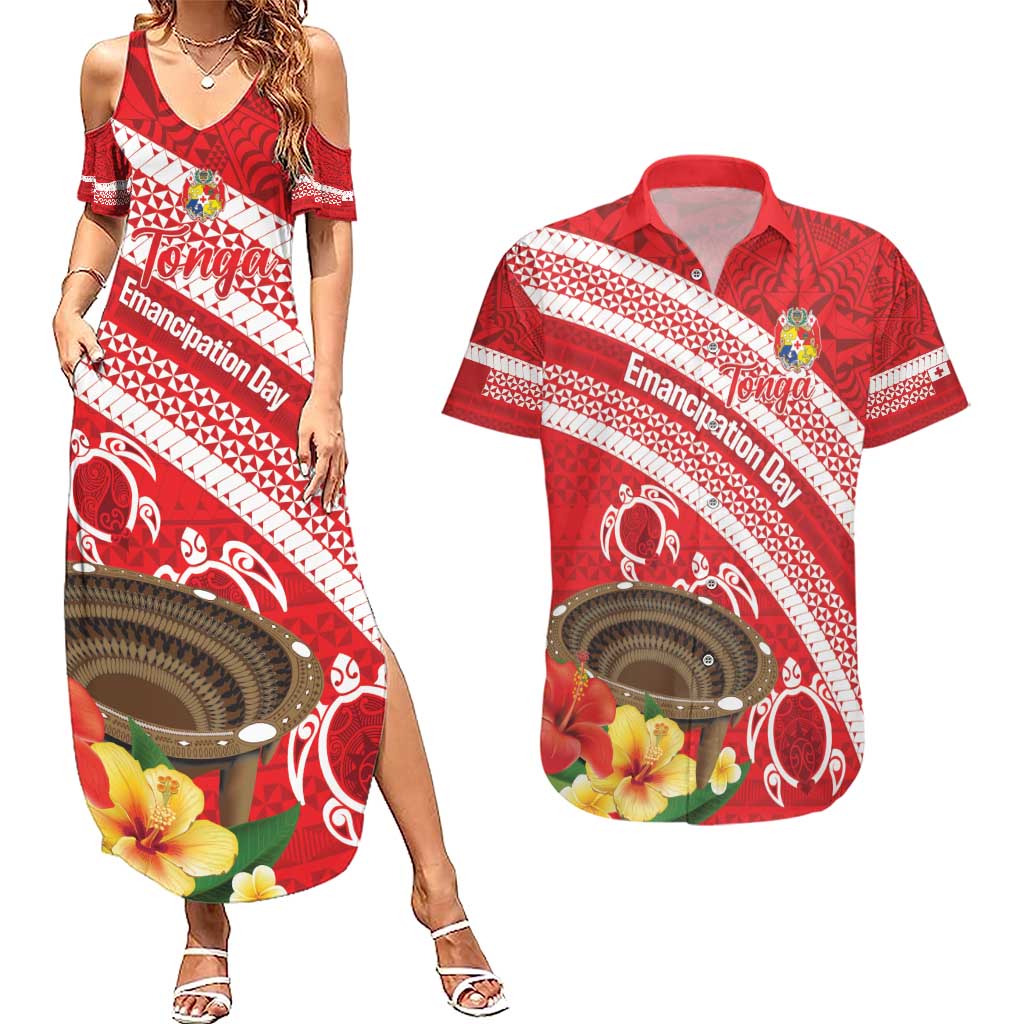 Kingdom Of Tonga Emancipation Day Couples Matching Summer Maxi Dress and Hawaiian Shirt Tongan Ngatu With Kumete Red LT14 Red - Polynesian Pride