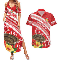 Kingdom Of Tonga Emancipation Day Couples Matching Summer Maxi Dress and Hawaiian Shirt Tongan Ngatu With Kumete Red LT14 Red - Polynesian Pride