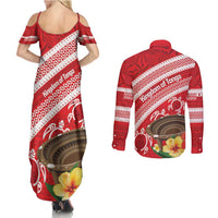 Kingdom Of Tonga Emancipation Day Couples Matching Summer Maxi Dress and Long Sleeve Button Shirt Tongan Ngatu With Kumete Red LT14 - Polynesian Pride