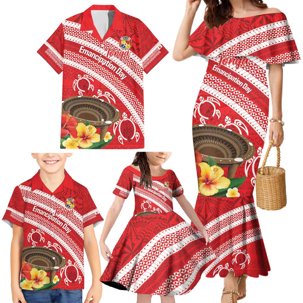 Kingdom Of Tonga Emancipation Day Family Matching Mermaid Dress and Hawaiian Shirt Tongan Ngatu With Kumete Red LT14 - Polynesian Pride