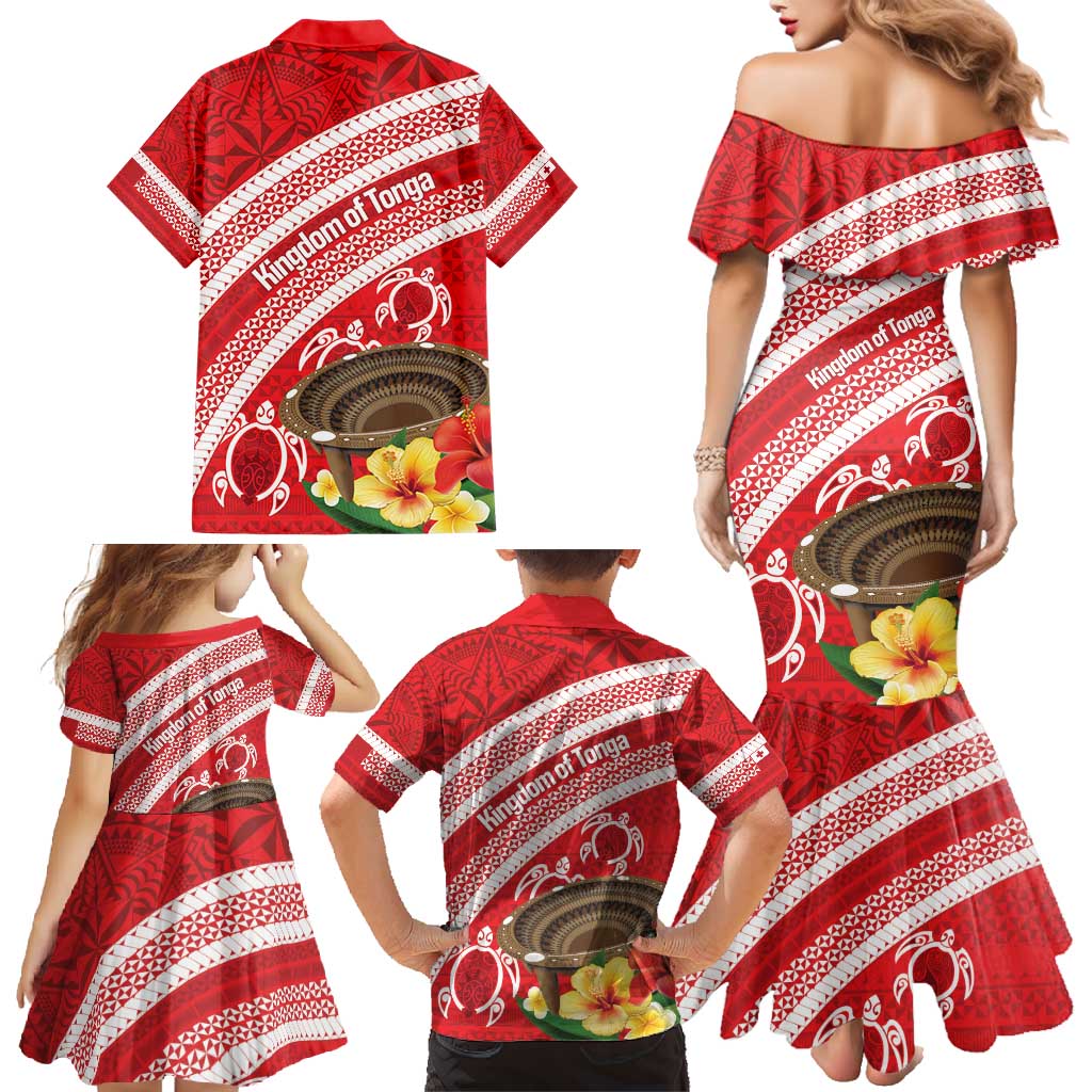 Kingdom Of Tonga Emancipation Day Family Matching Mermaid Dress and Hawaiian Shirt Tongan Ngatu With Kumete Red LT14 - Polynesian Pride