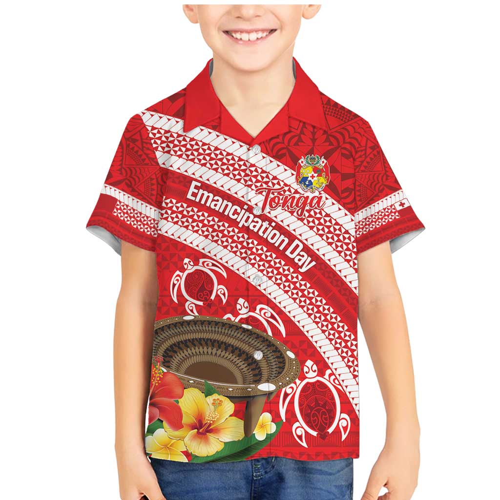 Kingdom Of Tonga Emancipation Day Family Matching Mermaid Dress and Hawaiian Shirt Tongan Ngatu With Kumete Red LT14 Son's Shirt Red - Polynesian Pride