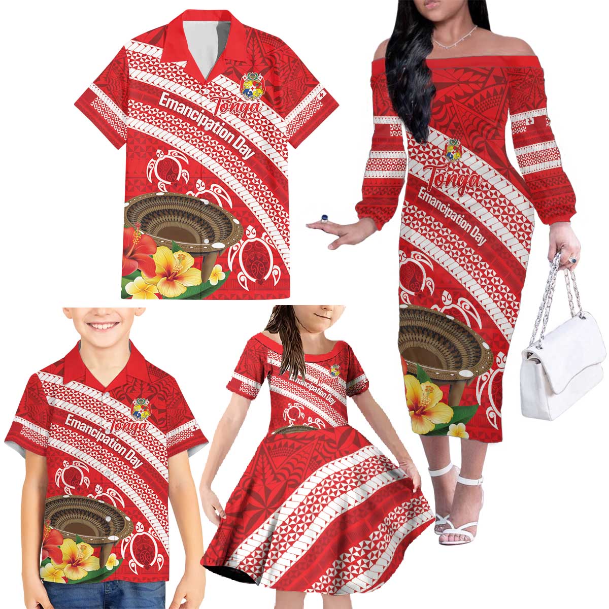 Kingdom Of Tonga Emancipation Day Family Matching Off The Shoulder Long Sleeve Dress and Hawaiian Shirt Tongan Ngatu With Kumete Red LT14 - Polynesian Pride