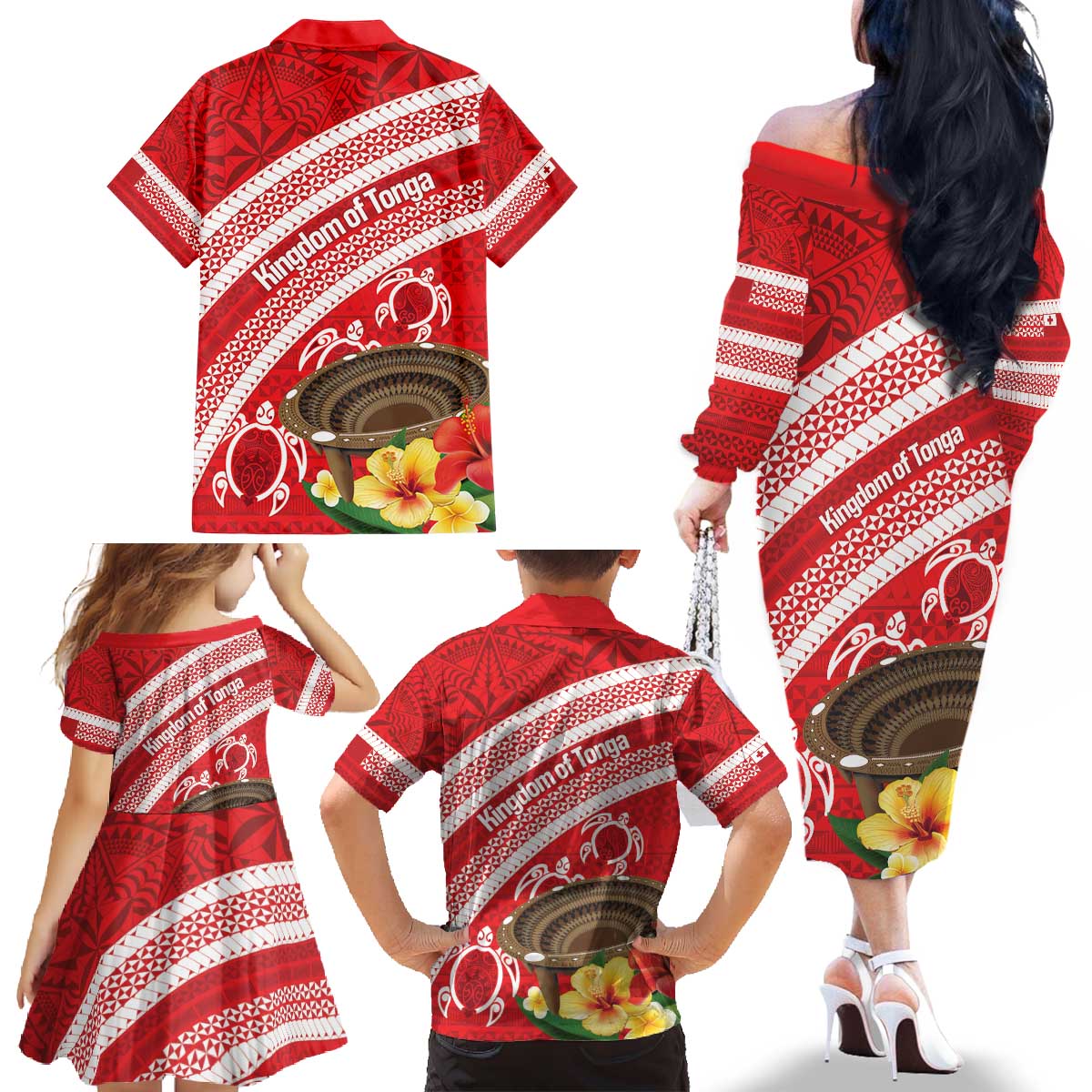 Kingdom Of Tonga Emancipation Day Family Matching Off The Shoulder Long Sleeve Dress and Hawaiian Shirt Tongan Ngatu With Kumete Red LT14 - Polynesian Pride