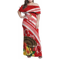 Kingdom Of Tonga Emancipation Day Family Matching Off Shoulder Maxi Dress and Hawaiian Shirt Tongan Ngatu With Kumete Red LT14 Mom's Dress Red - Polynesian Pride