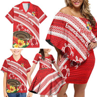 Kingdom Of Tonga Emancipation Day Family Matching Off Shoulder Short Dress and Hawaiian Shirt Tongan Ngatu With Kumete Red LT14 - Polynesian Pride