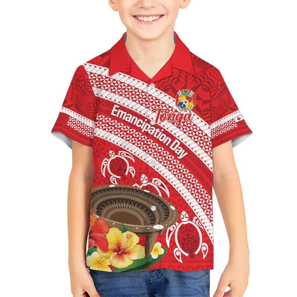 Kingdom Of Tonga Emancipation Day Family Matching Off Shoulder Short Dress and Hawaiian Shirt Tongan Ngatu With Kumete Red LT14 Son's Shirt Red - Polynesian Pride