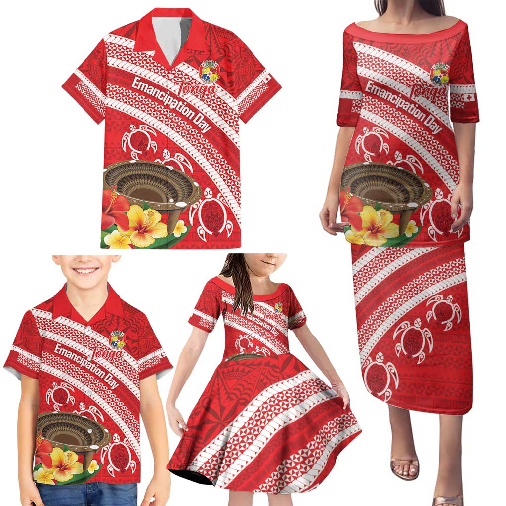 Kingdom Of Tonga Emancipation Day Family Matching Puletasi and Hawaiian Shirt Tongan Ngatu With Kumete Red LT14 - Polynesian Pride