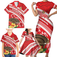 Kingdom Of Tonga Emancipation Day Family Matching Short Sleeve Bodycon Dress and Hawaiian Shirt Tongan Ngatu With Kumete Red LT14 - Polynesian Pride
