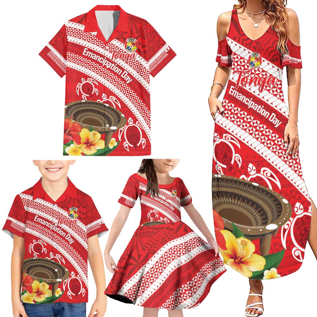 Kingdom Of Tonga Emancipation Day Family Matching Summer Maxi Dress and Hawaiian Shirt Tongan Ngatu With Kumete Red LT14 - Polynesian Pride
