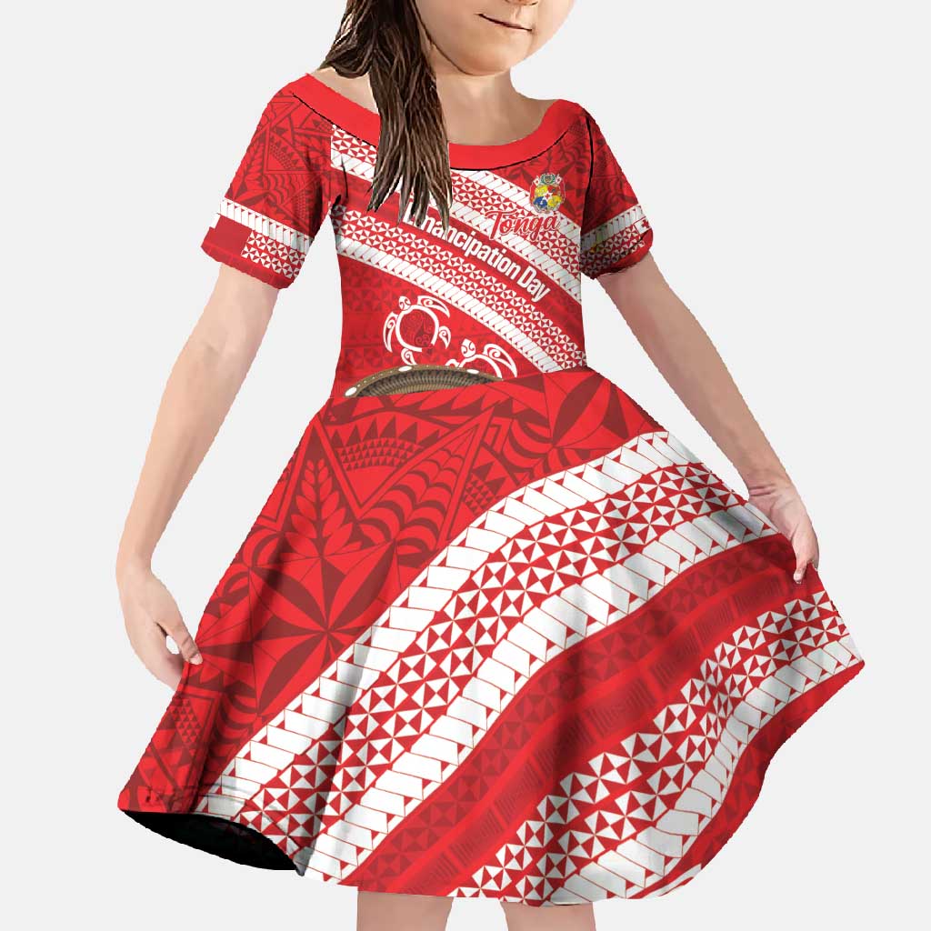 Kingdom Of Tonga Emancipation Day Family Matching Tank Maxi Dress and Hawaiian Shirt Tongan Ngatu With Kumete Red LT14 Daughter's Dress Red - Polynesian Pride