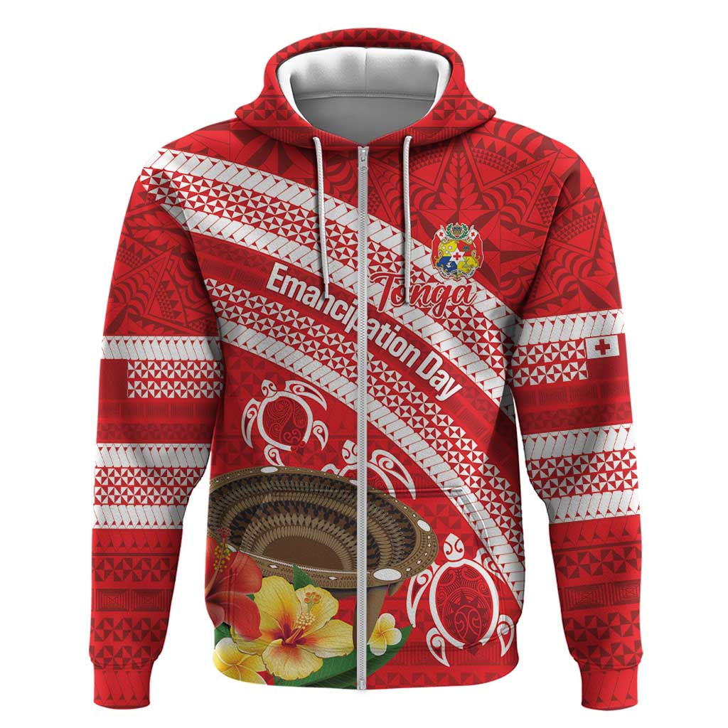 Kingdom Of Tonga Emancipation Day Hoodie Tongan Ngatu With Kumete Red LT14 Zip Hoodie Red - Polynesian Pride