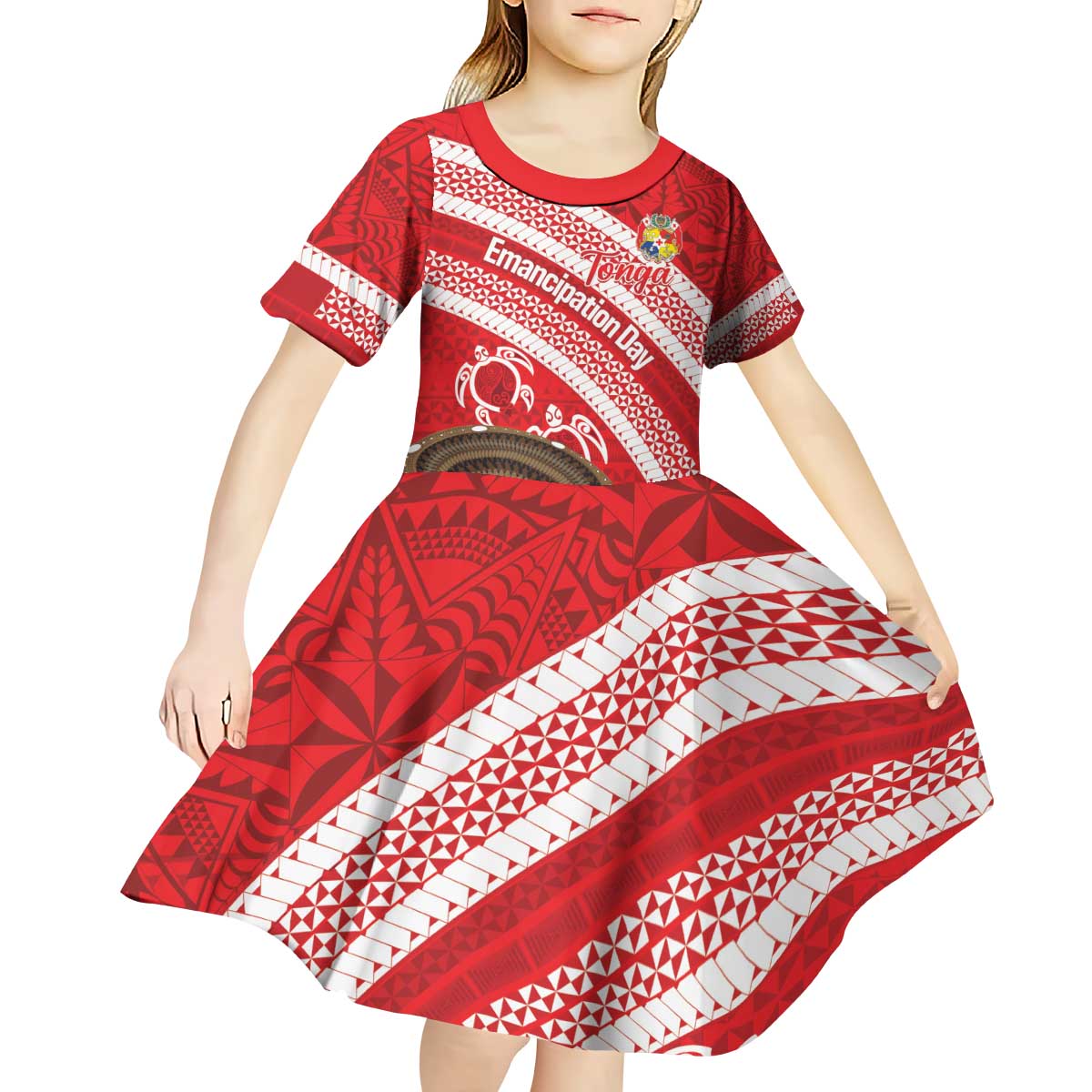 Kingdom Of Tonga Emancipation Day Kid Short Sleeve Dress Tongan Ngatu With Kumete Red LT14 - Polynesian Pride