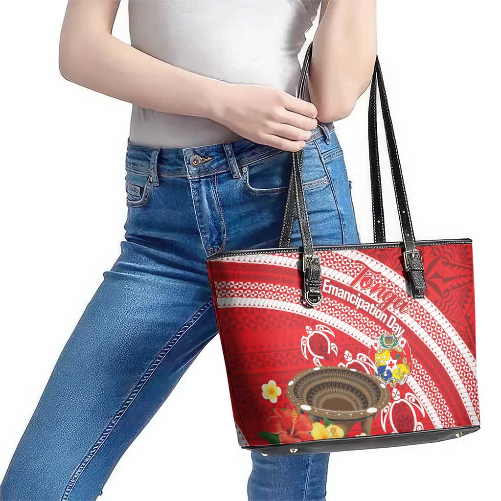 Kingdom Of Tonga Emancipation Day Leather Tote Bag Tongan Ngatu With Kumete Red