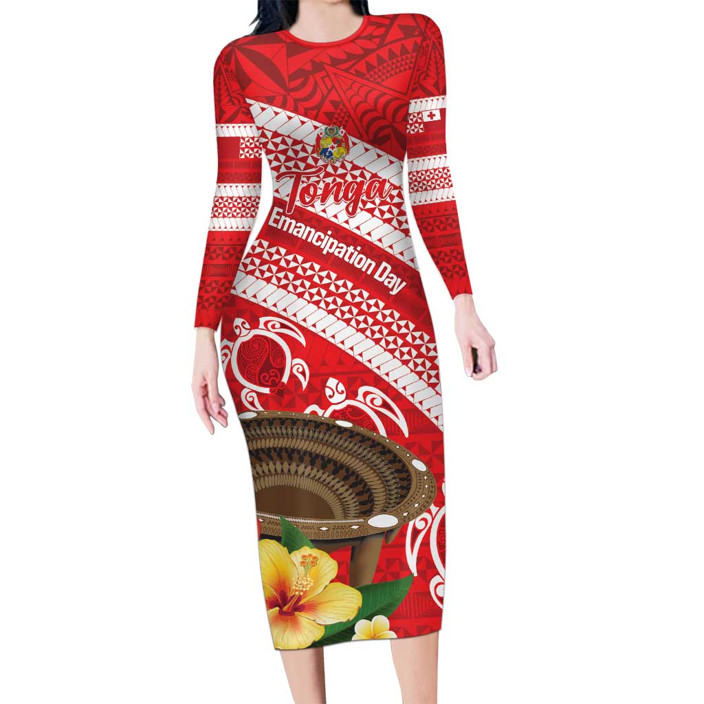 Kingdom Of Tonga Emancipation Day Long Sleeve Bodycon Dress Tongan Ngatu With Kumete Red LT14 Long Dress Red - Polynesian Pride