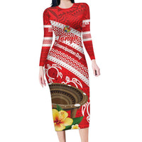 Kingdom Of Tonga Emancipation Day Long Sleeve Bodycon Dress Tongan Ngatu With Kumete Red LT14 Long Dress Red - Polynesian Pride