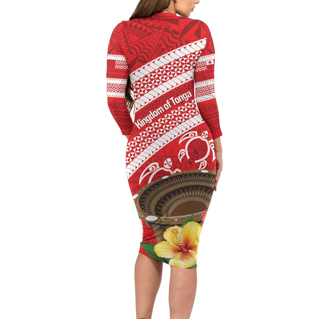 Kingdom Of Tonga Emancipation Day Long Sleeve Bodycon Dress Tongan Ngatu With Kumete Red LT14 - Polynesian Pride