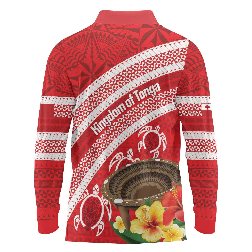 Kingdom Of Tonga Emancipation Day Long Sleeve Polo Shirt Tongan Ngatu With Kumete Red LT14 - Polynesian Pride