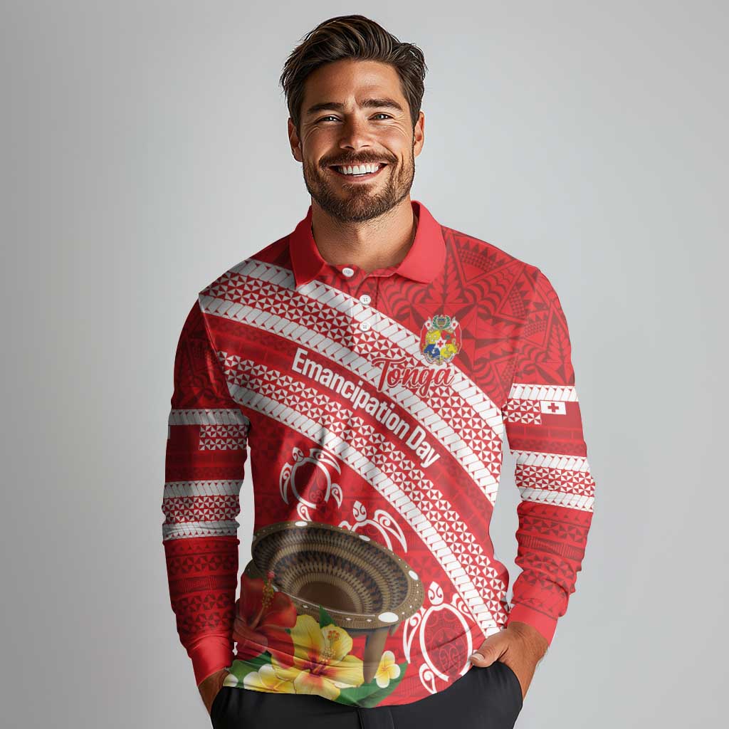 Kingdom Of Tonga Emancipation Day Long Sleeve Polo Shirt Tongan Ngatu With Kumete Red LT14 - Polynesian Pride
