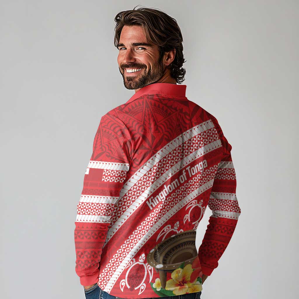 Kingdom Of Tonga Emancipation Day Long Sleeve Polo Shirt Tongan Ngatu With Kumete Red LT14 - Polynesian Pride