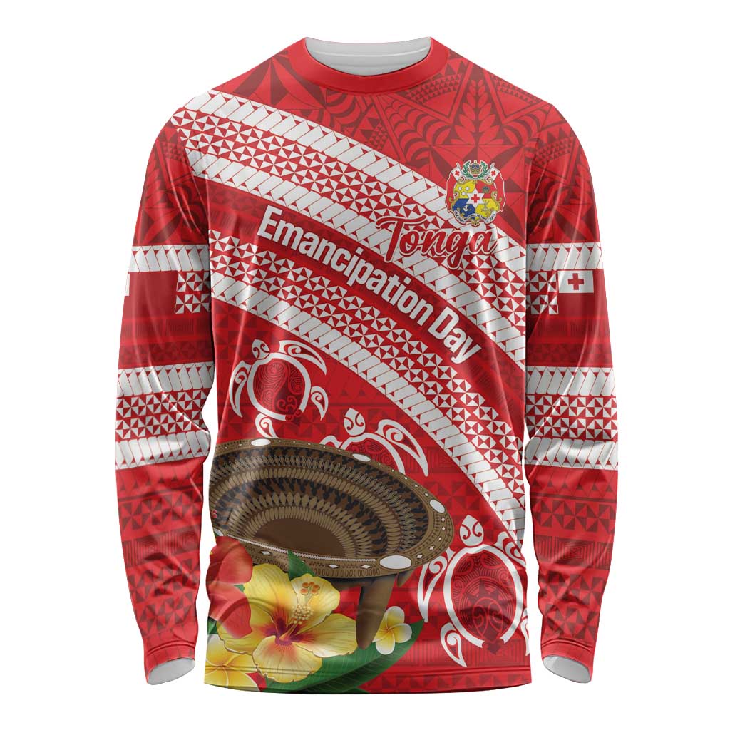 Kingdom Of Tonga Emancipation Day Long Sleeve Shirt Tongan Ngatu With Kumete Red LT14 Unisex Red - Polynesian Pride