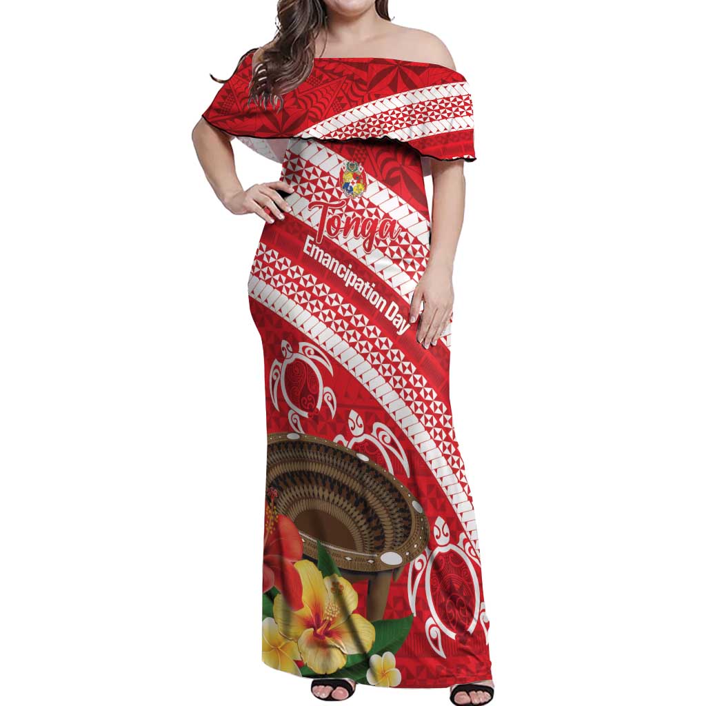 Kingdom Of Tonga Emancipation Day Off Shoulder Maxi Dress Tongan Ngatu With Kumete Red LT14 Women Red - Polynesian Pride