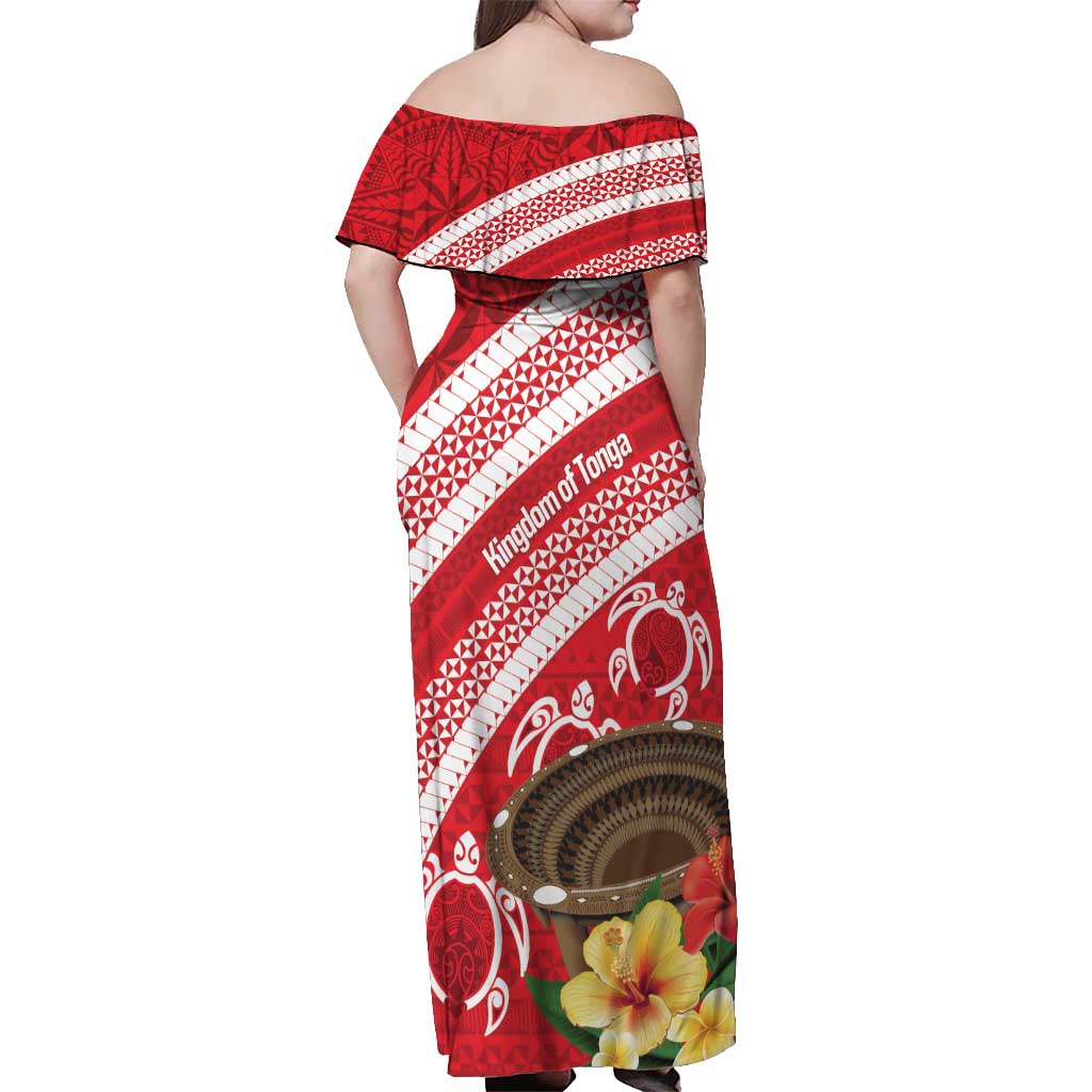 Kingdom Of Tonga Emancipation Day Off Shoulder Maxi Dress Tongan Ngatu With Kumete Red LT14 - Polynesian Pride