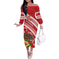 Kingdom Of Tonga Emancipation Day Off The Shoulder Long Sleeve Dress Tongan Ngatu With Kumete Red LT14 Women Red - Polynesian Pride