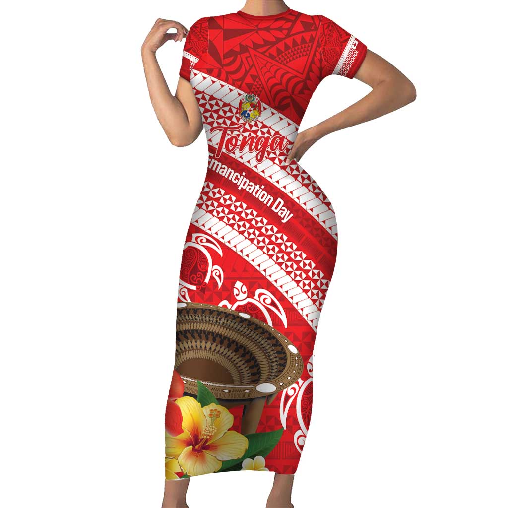 Kingdom Of Tonga Emancipation Day Short Sleeve Bodycon Dress Tongan Ngatu With Kumete Red LT14 Long Dress Red - Polynesian Pride