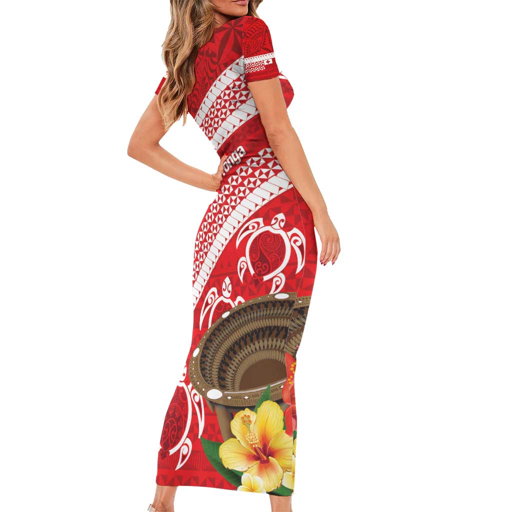 Kingdom Of Tonga Emancipation Day Short Sleeve Bodycon Dress Tongan Ngatu With Kumete Red LT14 - Polynesian Pride