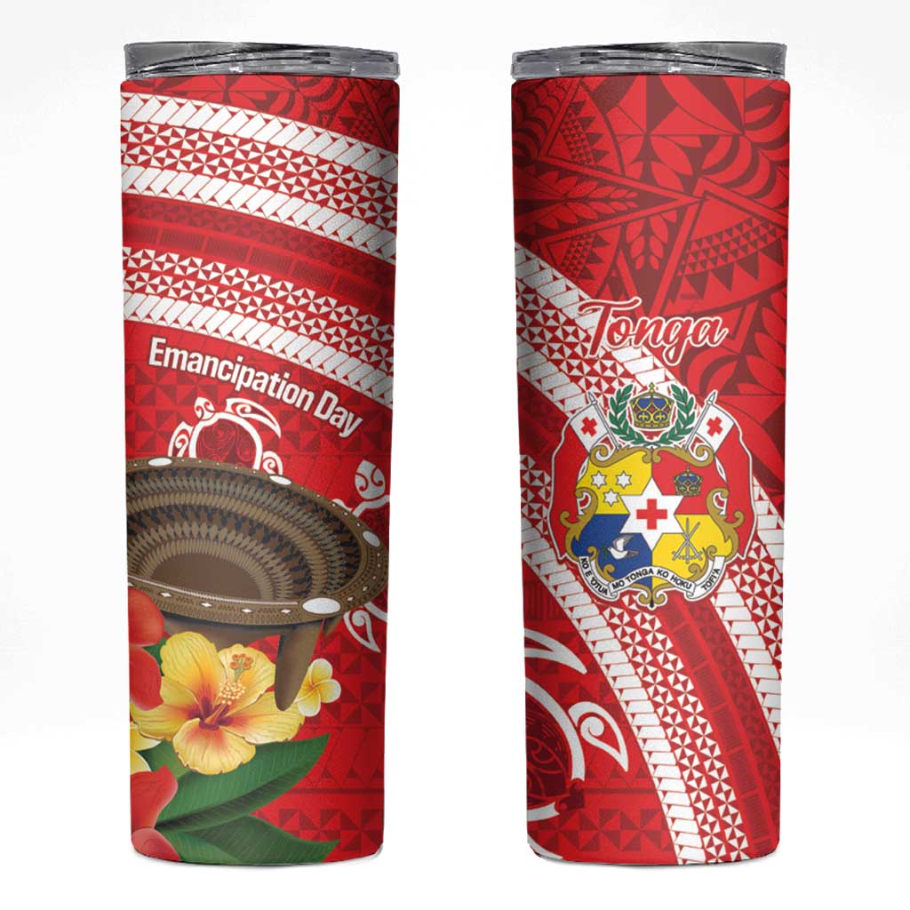 Kingdom Of Tonga Emancipation Day Skinny Tumbler Tongan Ngatu With Kumete Red LT14 Red - Polynesian Pride