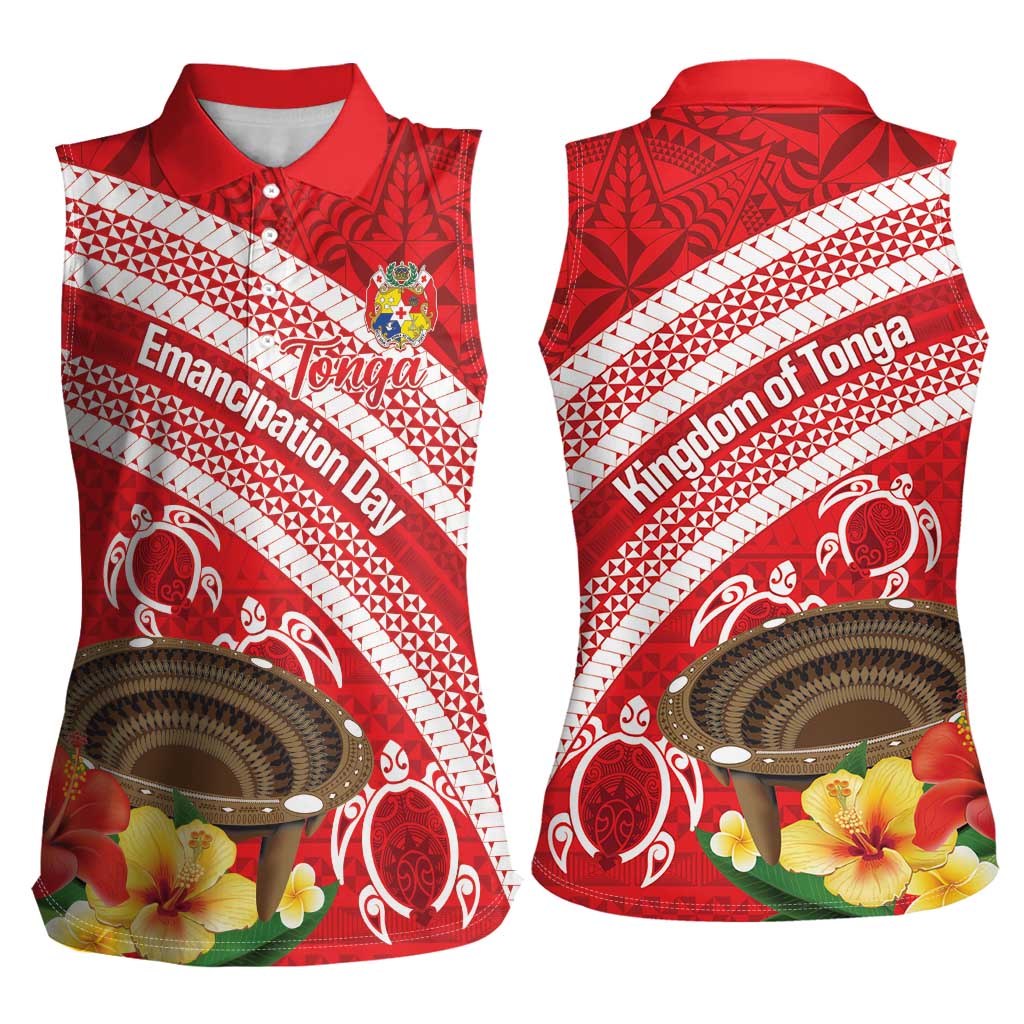 Kingdom Of Tonga Emancipation Day Women Sleeveless Polo Shirt Tongan Ngatu With Kumete Red LT14 - Polynesian Pride