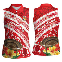 Kingdom Of Tonga Emancipation Day Women Sleeveless Polo Shirt Tongan Ngatu With Kumete Red LT14 - Polynesian Pride