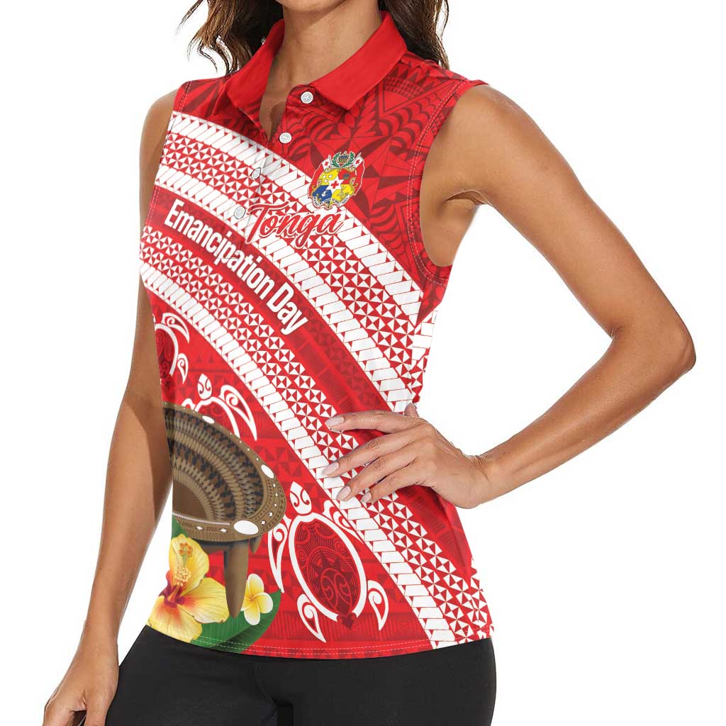 Kingdom Of Tonga Emancipation Day Women Sleeveless Polo Shirt Tongan Ngatu With Kumete Red LT14 - Polynesian Pride