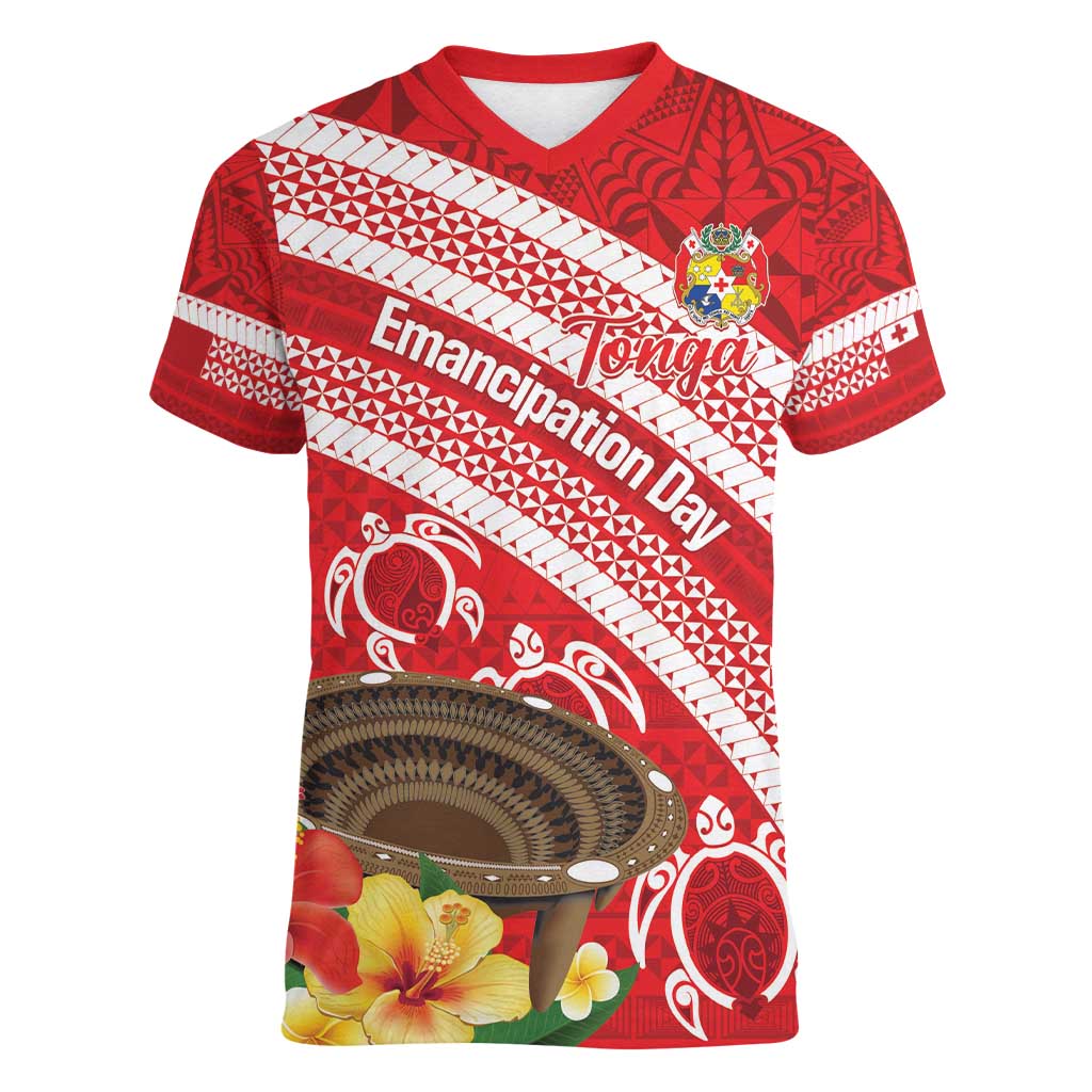 Kingdom Of Tonga Emancipation Day Women V-Neck T-Shirt Tongan Ngatu With Kumete Red LT14 Female Red - Polynesian Pride