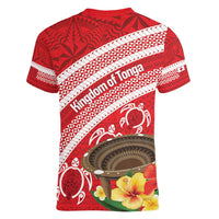 Kingdom Of Tonga Emancipation Day Women V-Neck T-Shirt Tongan Ngatu With Kumete Red LT14 - Polynesian Pride