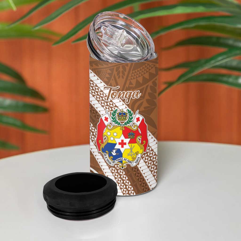 Kingdom Of Tonga Emancipation Day 4 in 1 Can Cooler Tumbler Tongan Ngatu With Kumete Brown LT14 - Polynesian Pride