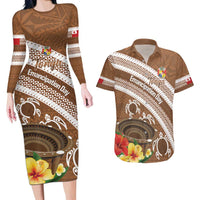 Kingdom Of Tonga Emancipation Day Couples Matching Long Sleeve Bodycon Dress and Hawaiian Shirt Tongan Ngatu With Kumete Brown LT14 Brown - Polynesian Pride