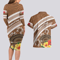 Kingdom Of Tonga Emancipation Day Couples Matching Long Sleeve Bodycon Dress and Hawaiian Shirt Tongan Ngatu With Kumete Brown LT14 - Polynesian Pride