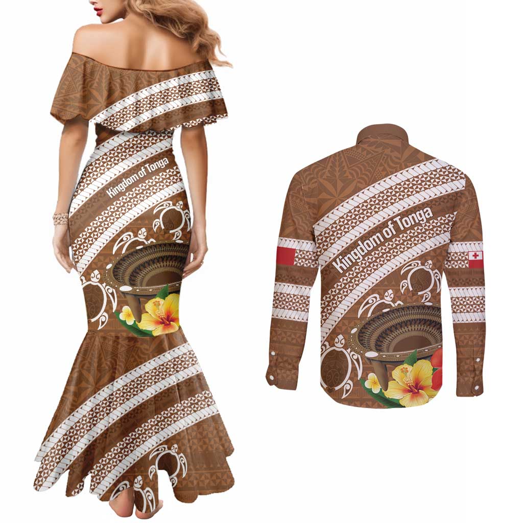 Kingdom Of Tonga Emancipation Day Couples Matching Mermaid Dress and Long Sleeve Button Shirt Tongan Ngatu With Kumete Brown LT14 - Polynesian Pride