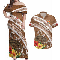 Kingdom Of Tonga Emancipation Day Couples Matching Off Shoulder Maxi Dress and Hawaiian Shirt Tongan Ngatu With Kumete Brown LT14 Brown - Polynesian Pride