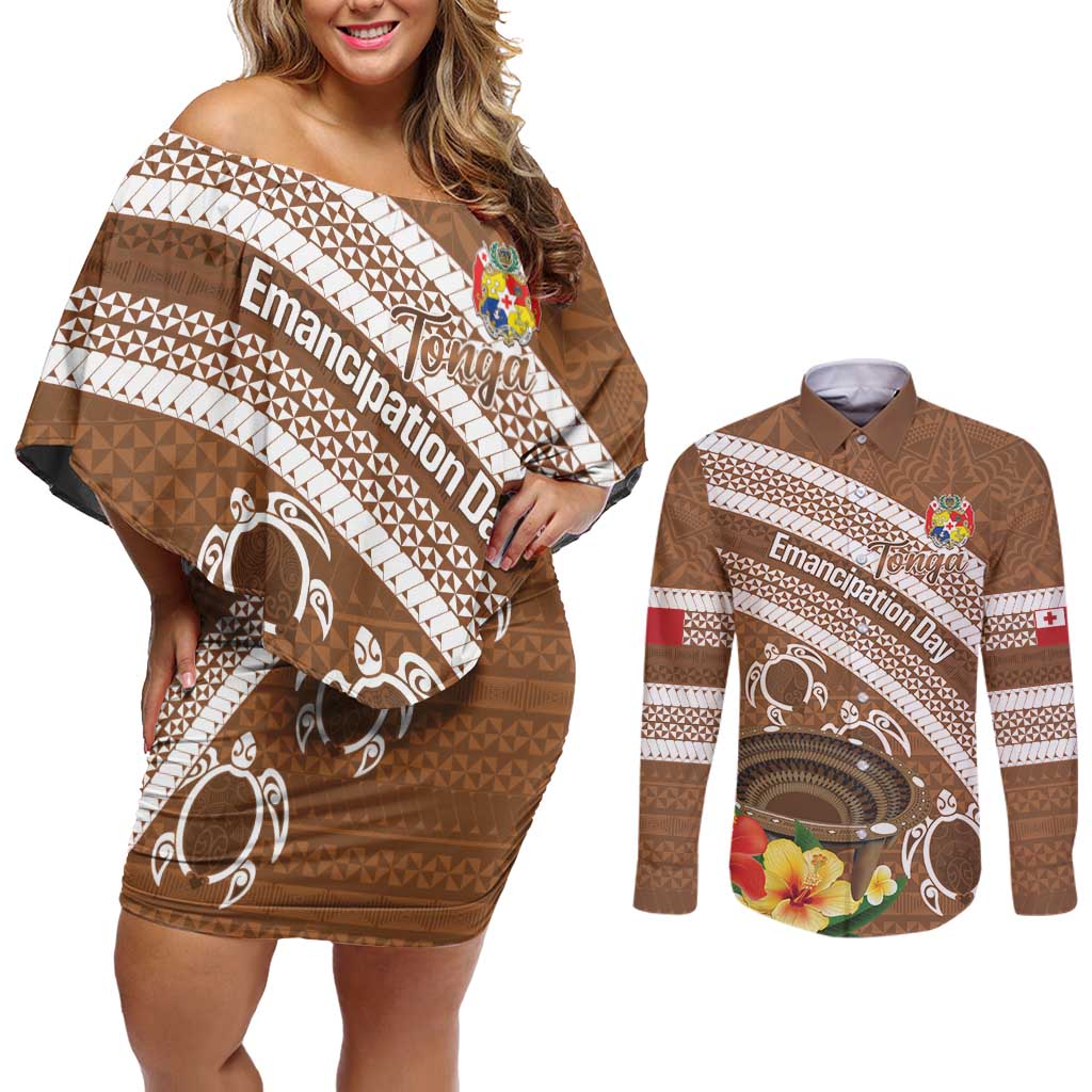Kingdom Of Tonga Emancipation Day Couples Matching Off Shoulder Short Dress and Long Sleeve Button Shirt Tongan Ngatu With Kumete Brown LT14 Brown - Polynesian Pride