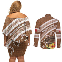 Kingdom Of Tonga Emancipation Day Couples Matching Off Shoulder Short Dress and Long Sleeve Button Shirt Tongan Ngatu With Kumete Brown LT14 - Polynesian Pride