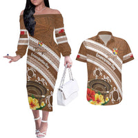 Kingdom Of Tonga Emancipation Day Couples Matching Off The Shoulder Long Sleeve Dress and Hawaiian Shirt Tongan Ngatu With Kumete Brown LT14 Brown - Polynesian Pride