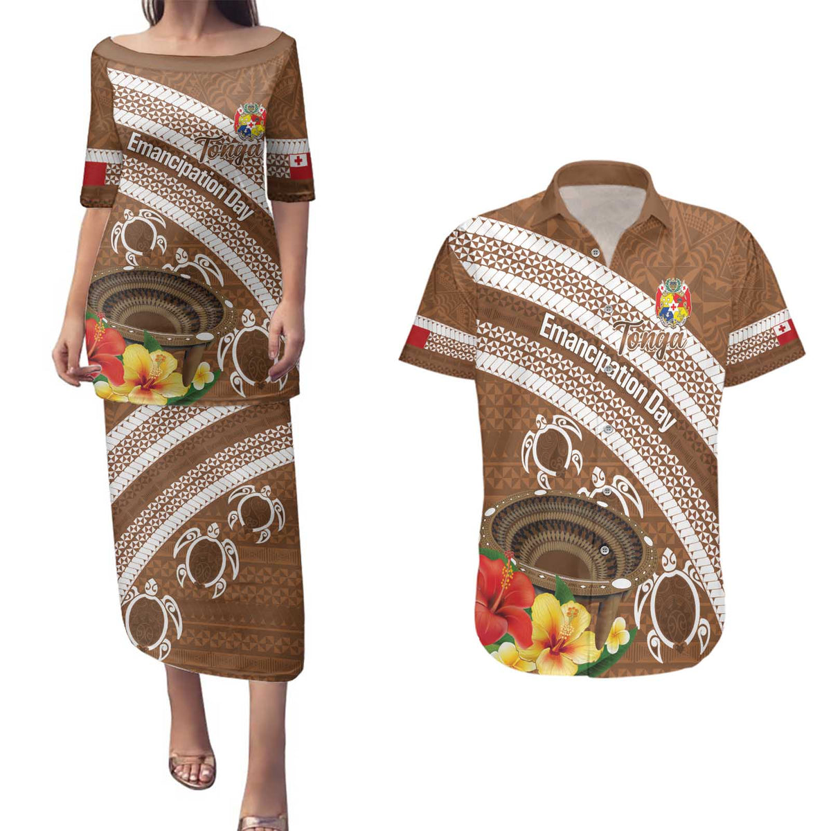 Kingdom Of Tonga Emancipation Day Couples Matching Puletasi and Hawaiian Shirt Tongan Ngatu With Kumete Brown LT14 Brown - Polynesian Pride