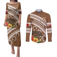 Kingdom Of Tonga Emancipation Day Couples Matching Puletasi and Long Sleeve Button Shirt Tongan Ngatu With Kumete Brown LT14 Brown - Polynesian Pride