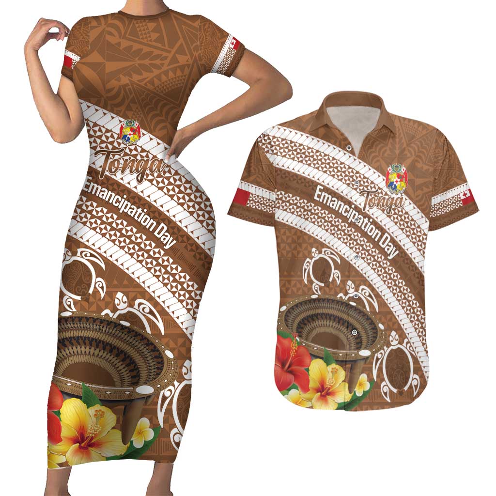 Kingdom Of Tonga Emancipation Day Couples Matching Short Sleeve Bodycon Dress and Hawaiian Shirt Tongan Ngatu With Kumete Brown LT14 Brown - Polynesian Pride